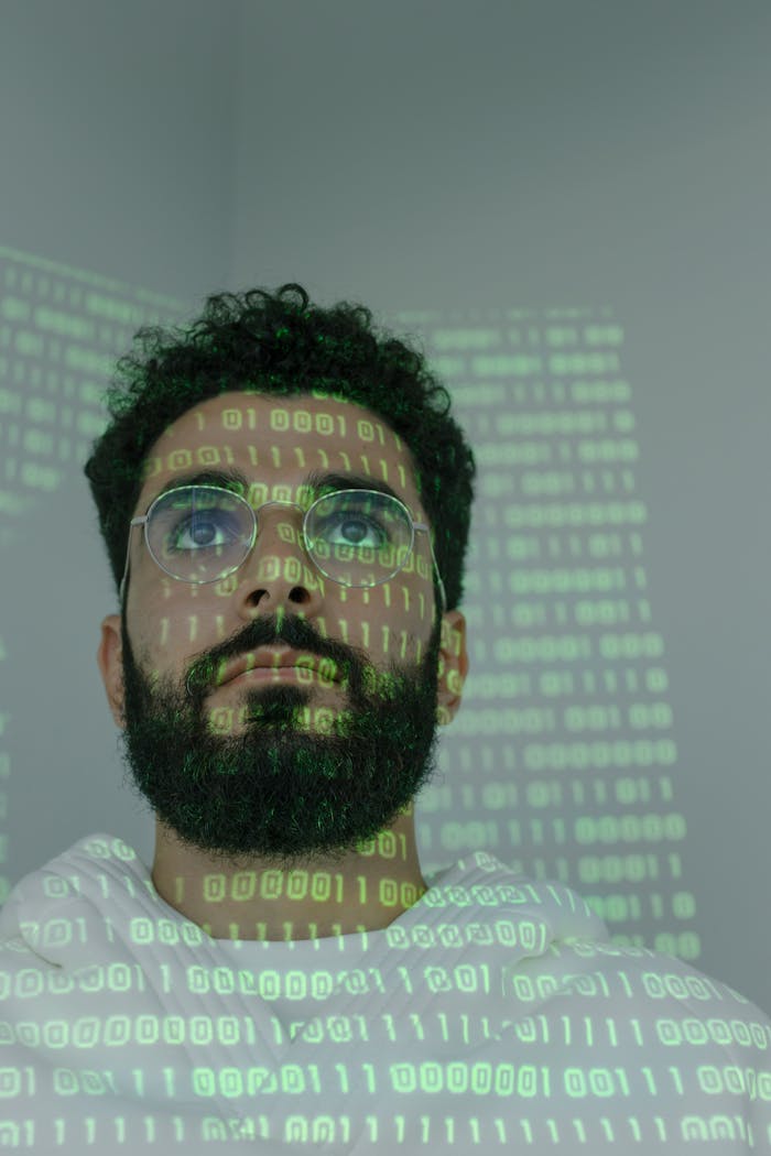 services-02 A bearded man with eyeglasses analyzing data in a digital environment with green binary code projections.